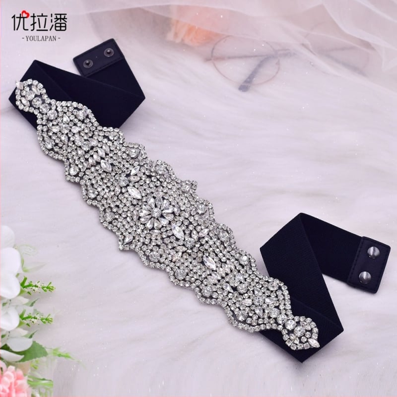 Centură de talie cu strasuri, model geometric, curea elastică, țesătură, cataramă ascunsă