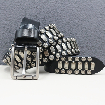 Ζώνη από γνήσιο δέρμα με πλήρες μεταλλικό εξοπλισμό και αγκράφα από κράμα με πιν, πρωτότυπος σχεδιασμός