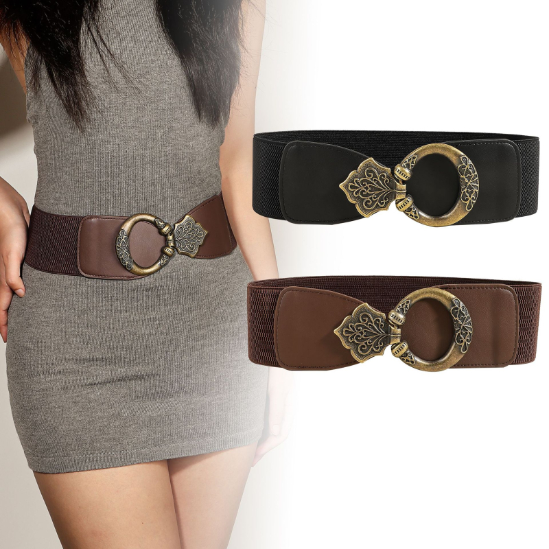 Rochie din piele PU cu talie elastică, design în straturi și cataramă decorativă la talie din aliaj