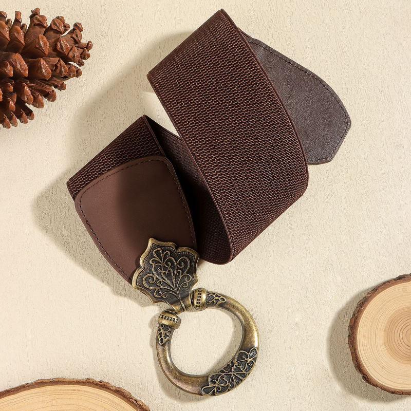 Rochie din piele PU cu talie elastică, design în straturi și cataramă decorativă la talie din aliaj