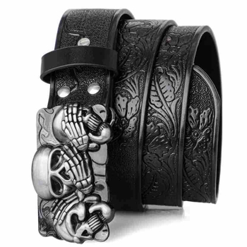 Ζώνη PU από δέρμα με πλακέ κούμπωμα από κράμα — μποέμ punk σχέδιο με κρανίο, P0521