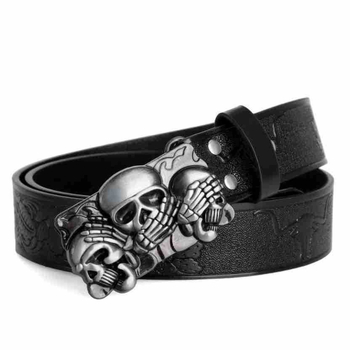 Ζώνη PU από δέρμα με πλακέ κούμπωμα από κράμα — μποέμ punk σχέδιο με κρανίο, P0521