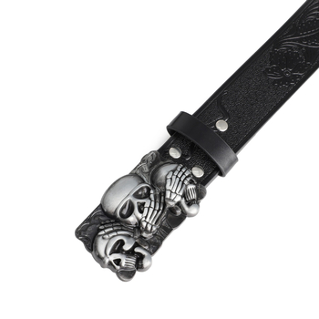 Ζώνη PU από δέρμα με πλακέ κούμπωμα από κράμα — μποέμ punk σχέδιο με κρανίο, P0521