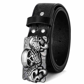 Ζώνη PU από δέρμα με πλακέ κούμπωμα από κράμα — μποέμ punk σχέδιο με κρανίο, P0521