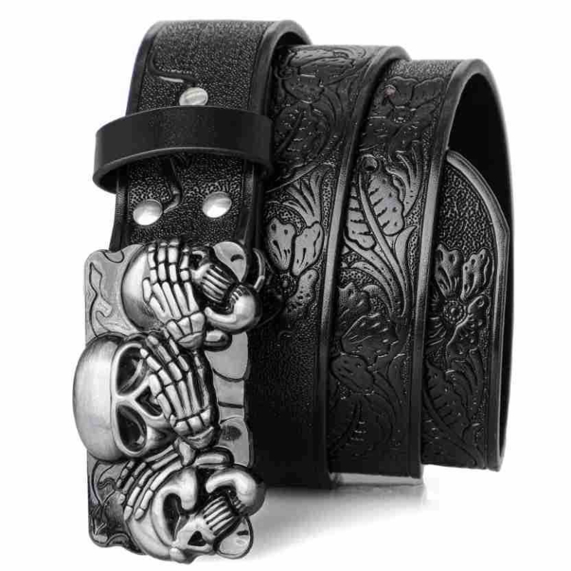 PU odinė juostelė su lydinio plokštelės sagtimi — bohemiškas punk dizainas su kaukolės motyvu, P0521