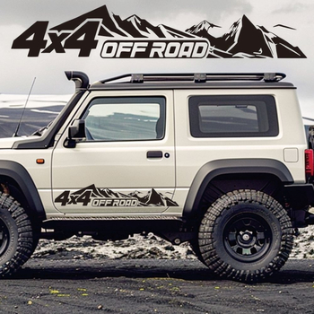 Autocolant 2D plat, temă de mașină sport 4x4 pe munte, model cu dungi, stil retro japonez