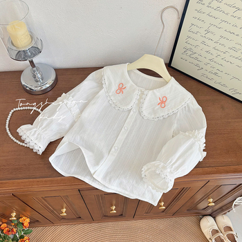 Παιδικό πουκάμισο για κορίτσια με δαντελένιο γιακά και φιόγκο πεταλούδας – μακριά μανίκια, άνοιξη-φθινόπωρο, 0–1 ετών