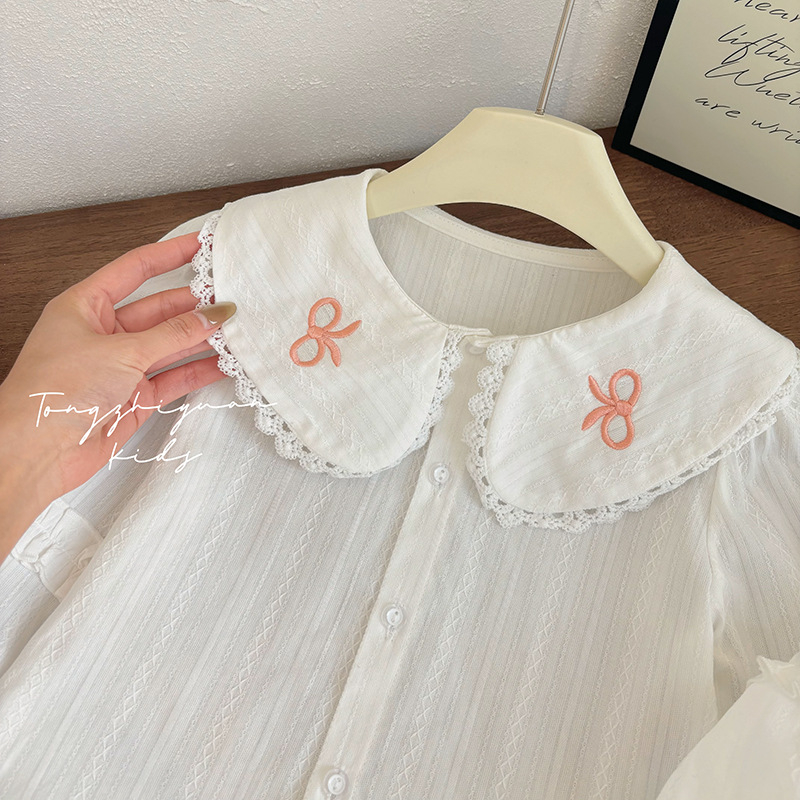 Mergaitei marškinėliai su nėrinių apykakle ir drugelio mazgu – ilgos rankovės, pavasaris-ruduo, kūdikis 0–1 m