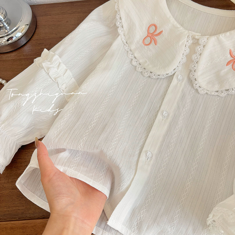 Mergaitei marškinėliai su nėrinių apykakle ir drugelio mazgu – ilgos rankovės, pavasaris-ruduo, kūdikis 0–1 m