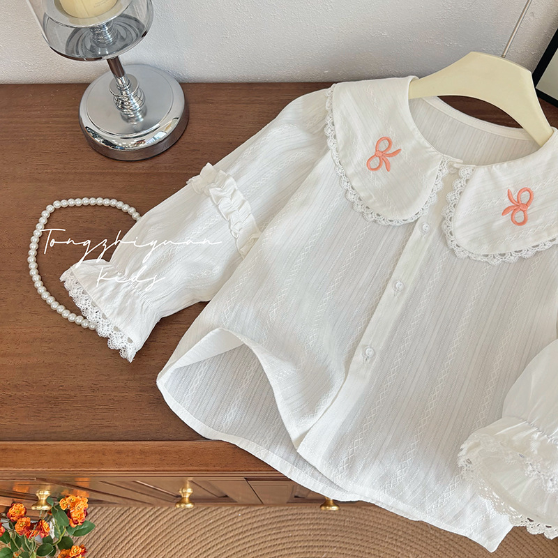 Mergaitei marškinėliai su nėrinių apykakle ir drugelio mazgu – ilgos rankovės, pavasaris-ruduo, kūdikis 0–1 m