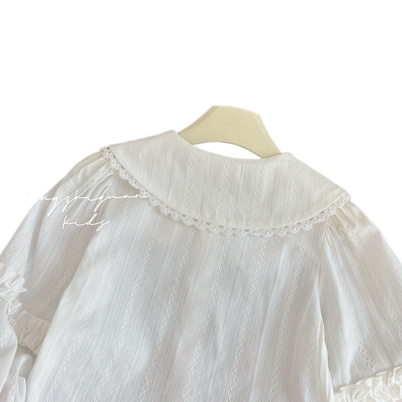 Mergaitei marškinėliai su nėrinių apykakle ir drugelio mazgu – ilgos rankovės, pavasaris-ruduo, kūdikis 0–1 m