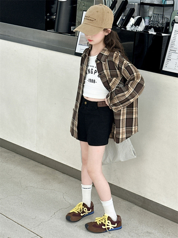 Mergaitėms marškiniai — languotas ir animacinių piešinių motyvas, Turn-down apykaklė, ilgomis rankovėmis, poliesteris 75%