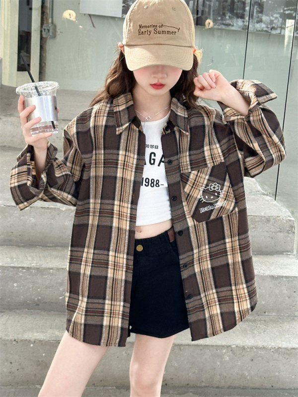 Mergaitėms marškiniai — languotas ir animacinių piešinių motyvas, Turn-down apykaklė, ilgomis rankovėmis, poliesteris 75%