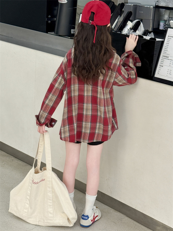 Mergaitėms marškiniai — languotas ir animacinių piešinių motyvas, Turn-down apykaklė, ilgomis rankovėmis, poliesteris 75%