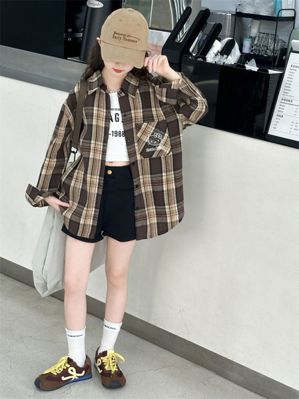 Mergaitėms marškiniai — languotas ir animacinių piešinių motyvas, Turn-down apykaklė, ilgomis rankovėmis, poliesteris 75%