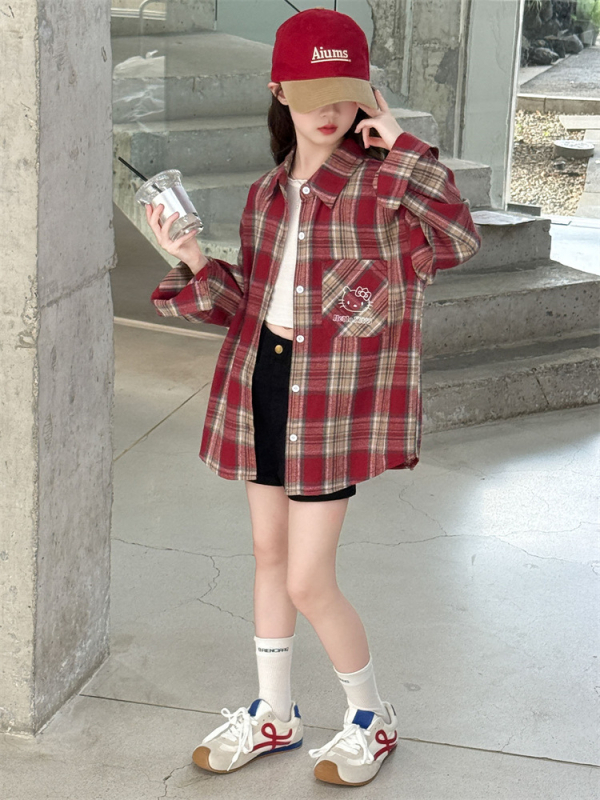 Cămașă pentru fete — carouri și imprimeu Cartoon, Turn-down guler, mânecă lungă, Poliester 75%