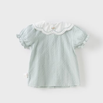 Παιδικό πουκάμισο από 100% βαμβάκι, κορεατικό στυλ, στρογγυλή λαιμόκοψη, κοντό μανίκι