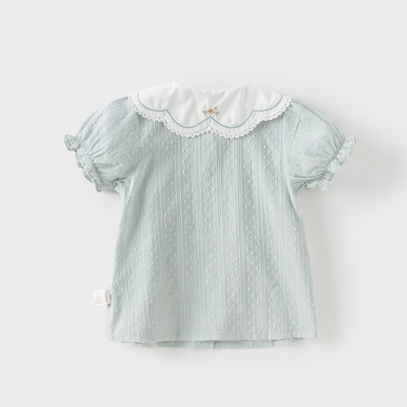 Cămașă pentru copii din bumbac, stil coreean, guler rotund, mâneci scurte, 100% bumbac