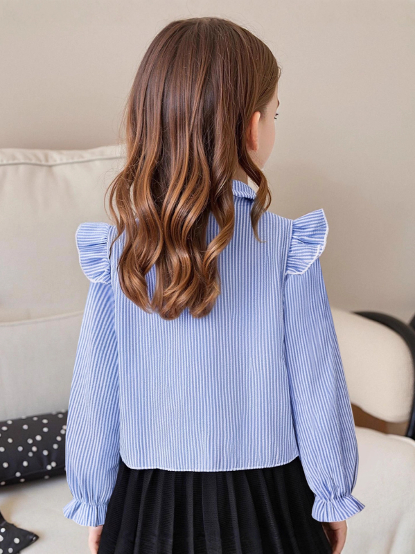 Bluza pentru fete cu dungi, mânecă lungă, guler turn-down, 100% poliester, stil primăvară-toamnă (model cu dungi; mânecă lungă; guler turn-down; 100% poliester; primăvară-toamnă)