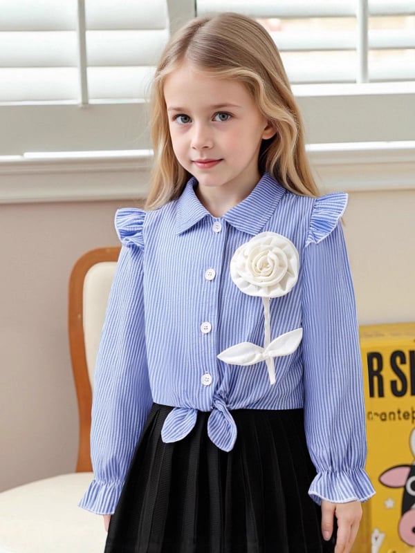 Bluza pentru fete cu dungi, mânecă lungă, guler turn-down, 100% poliester, stil primăvară-toamnă (model cu dungi; mânecă lungă; guler turn-down; 100% poliester; primăvară-toamnă)