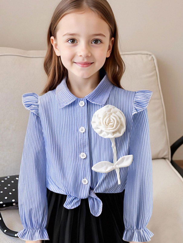 Bluza pentru fete cu dungi, mânecă lungă, guler turn-down, 100% poliester, stil primăvară-toamnă (model cu dungi; mânecă lungă; guler turn-down; 100% poliester; primăvară-toamnă)