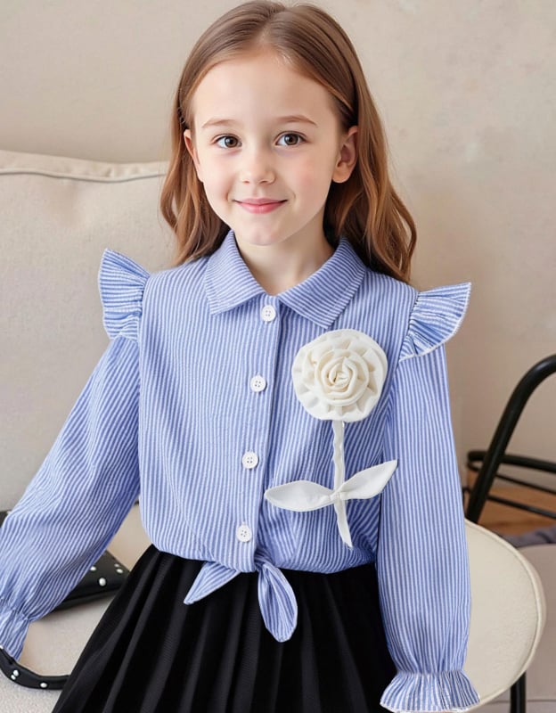 Bluza pentru fete cu dungi, mânecă lungă, guler turn-down, 100% poliester, stil primăvară-toamnă (model cu dungi; mânecă lungă; guler turn-down; 100% poliester; primăvară-toamnă)