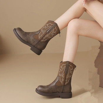 Cizme de cowboy pentru femei brodate, stil retro, toc mic, talpă din cauciuc, pull-on