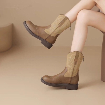 Cizme de cowboy pentru femei brodate, stil retro, toc mic, talpă din cauciuc, pull-on