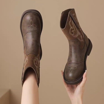 Cizme de cowboy pentru femei brodate, stil retro, toc mic, talpă din cauciuc, pull-on
