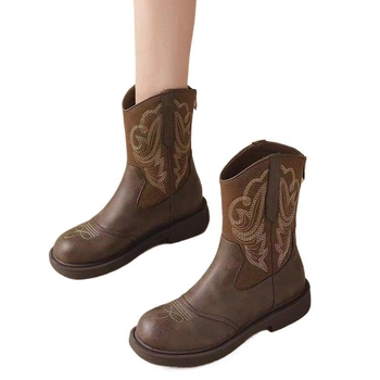 Cizme de cowboy pentru femei brodate, stil retro, toc mic, talpă din cauciuc, pull-on