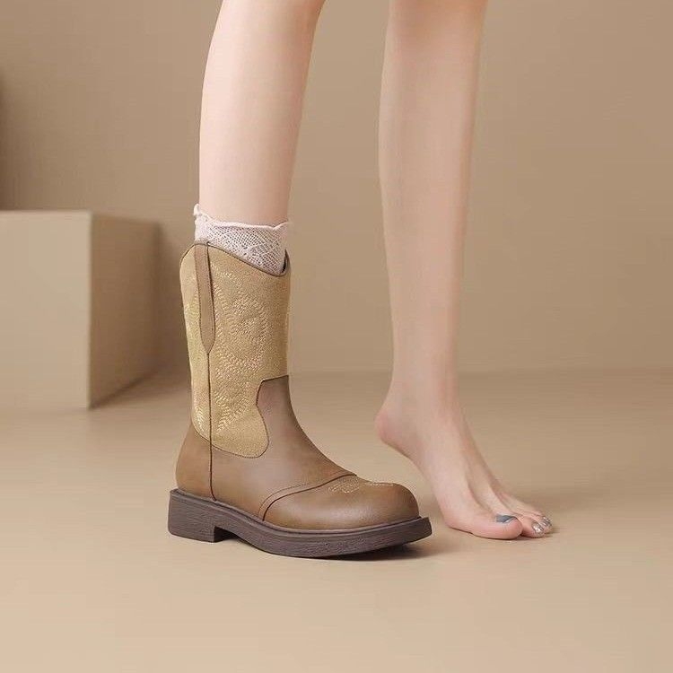 Cizme de cowboy pentru femei brodate, stil retro, toc mic, talpă din cauciuc, pull-on