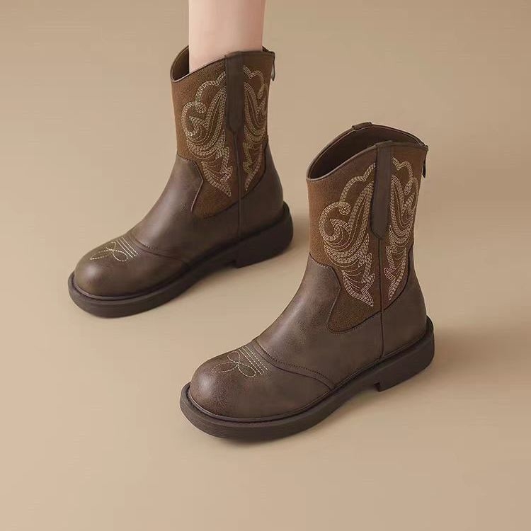 Cizme de cowboy pentru femei brodate, stil retro, toc mic, talpă din cauciuc, pull-on