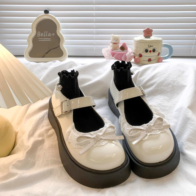 Pantofi Mary Jane din piele PU patentată, vârf rotund, toc mediu 3-5 cm, curea cu cataramă, stil academic