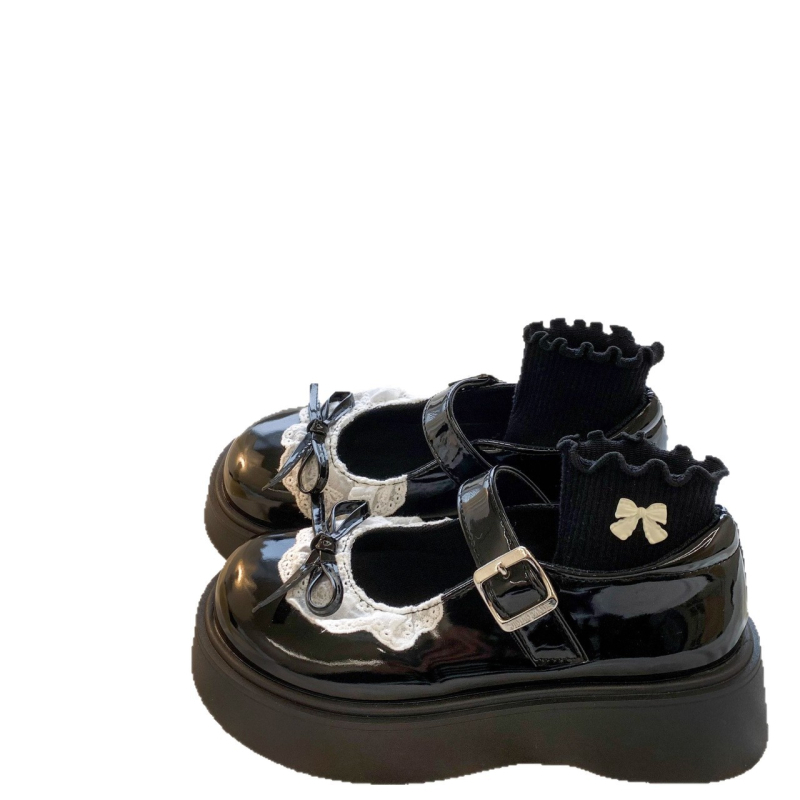 Pantofi Mary Jane din piele PU patentată, vârf rotund, toc mediu 3-5 cm, curea cu cataramă, stil academic