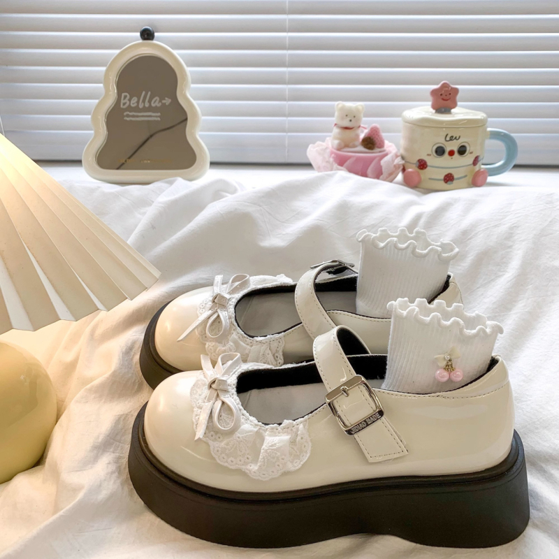 Pantofi Mary Jane din piele PU patentată, vârf rotund, toc mediu 3-5 cm, curea cu cataramă, stil academic