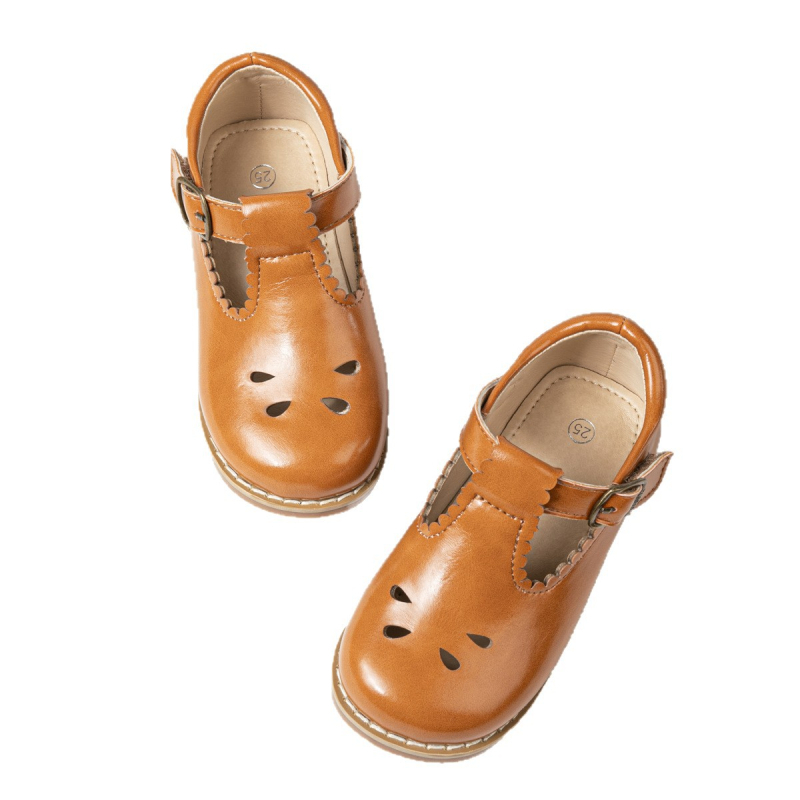 Pantofi pentru copii cu decupaje casual în stil prințesă, cataramă, PU, talpă din cauciuc, talpă joasă, stil britanic