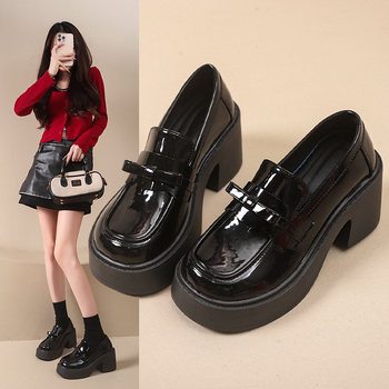 Loafers damă din PU, vârf rotund, toc gros 6–8 cm, slip-on, stil academic