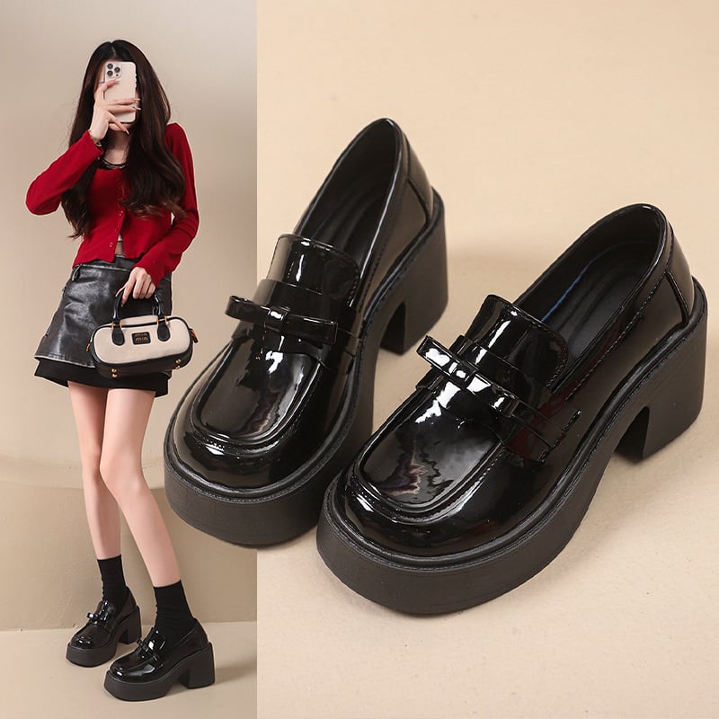 Loafers damă din PU, vârf rotund, toc gros 6–8 cm, slip-on, stil academic