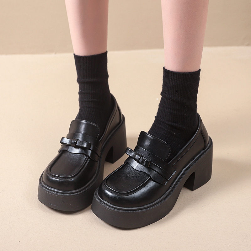 Loafers damă din PU, vârf rotund, toc gros 6–8 cm, slip-on, stil academic