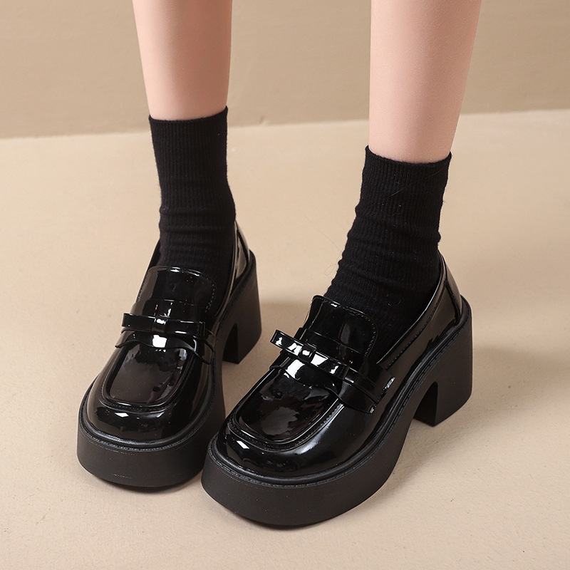 Loafers damă din PU, vârf rotund, toc gros 6–8 cm, slip-on, stil academic