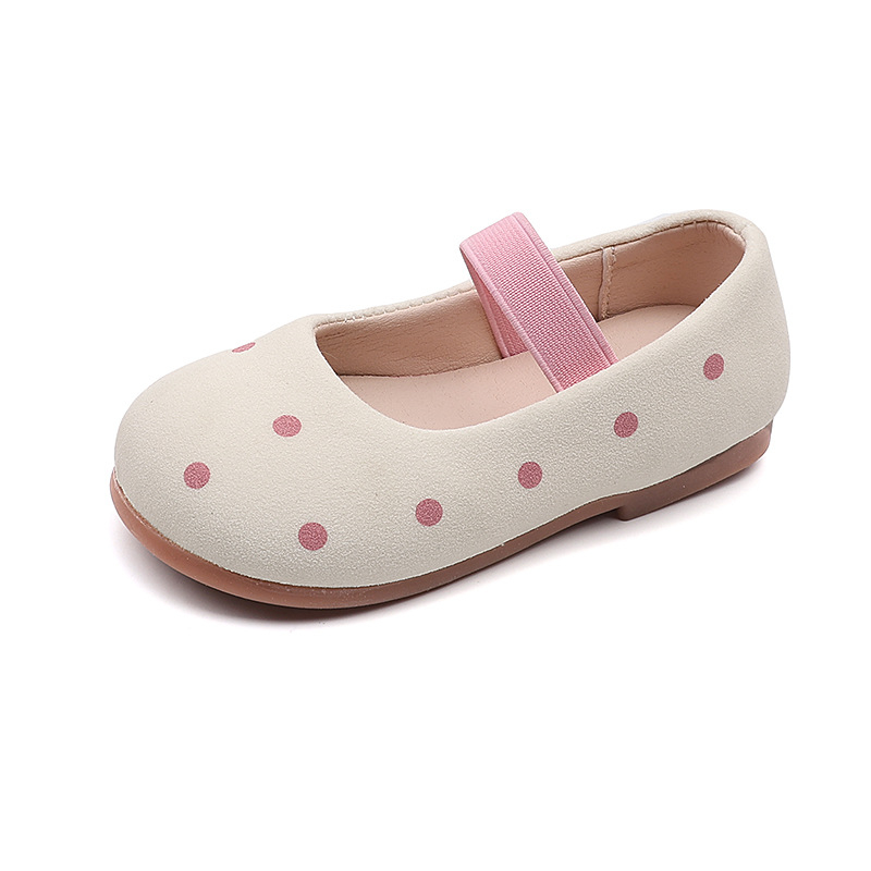 Vaikų balerinos iš karvės nubuko odos su taškuotais motyvais, elastinga užsegimas, kvėpuojančios, anti-slip TPR padas, princesės stilius