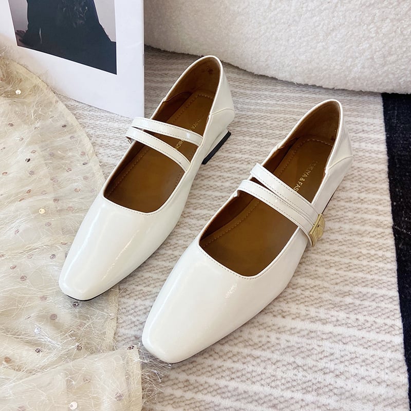 Huiliya Mary Jane cipő - patent bőr, négyszögletes orr, dupla csat, kényelmes középmagas sarok