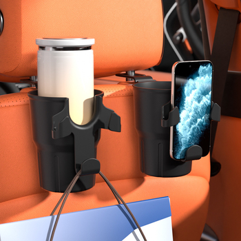 Automašīnas sēdekļa aizmugures organizētājs ar krūzes turētāju un tālruņa turētāju, plastmasa, karājas uzstādīšana, universāla saderība, logotipa druka pieejama