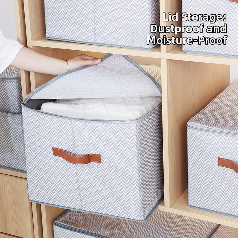 Съхранителна кутия с цип и капак, модел рибена кост, нетъкан текстил, капацитет 90–100 л, сгъваема и преносима