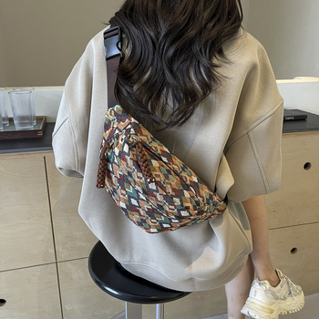 Geantă crossbody din pânză cu model pătrățeles, stil coreean casual, toamnă 2024 (închidere cu fermoar, buzunar pentru telefon, căptușeală din poliester, strat interior, exterior tridimensional)