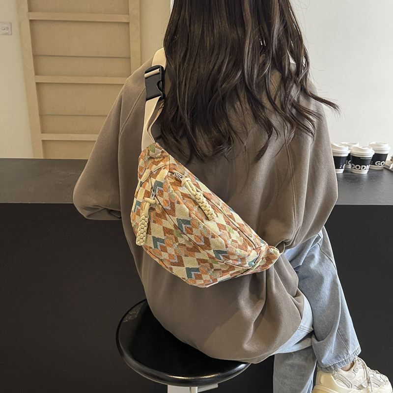 Geantă crossbody din pânză cu model pătrățeles, stil coreean casual, toamnă 2024 (închidere cu fermoar, buzunar pentru telefon, căptușeală din poliester, strat interior, exterior tridimensional)