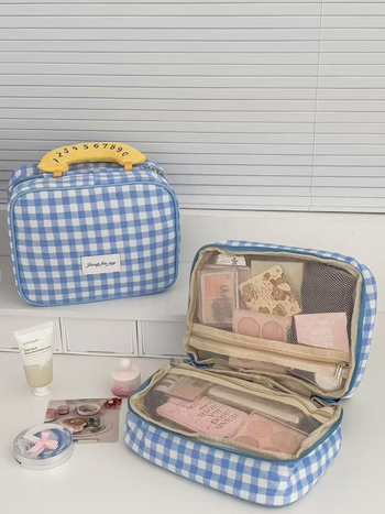 Geantă de machiaj din pânză cu model în carouri - Capacitate mare, Unisex, Respirabilă, Ultra-ușoară pentru călătorii