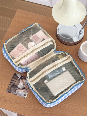 Международна чантичка за грим от канвас с каре принт - голям капацитет, унисекс, дишаща, ултралека за пътуване