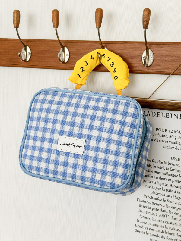 Geantă de machiaj din pânză cu model în carouri - Capacitate mare, Unisex, Respirabilă, Ultra-ușoară pentru călătorii