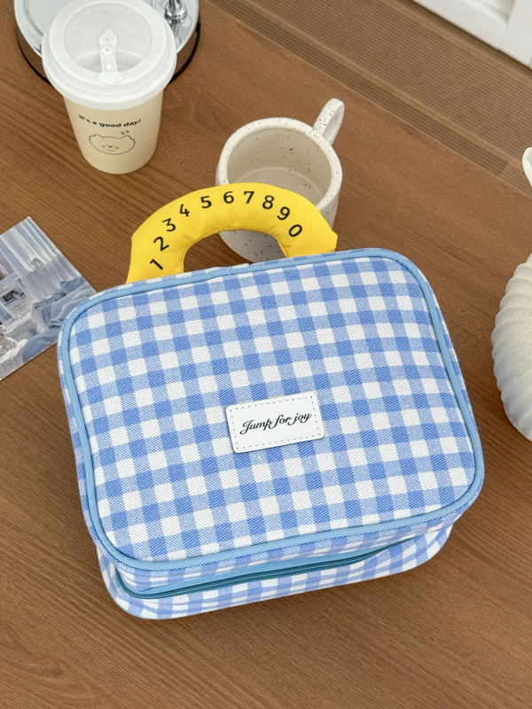 Geantă de machiaj din pânză cu model în carouri - Capacitate mare, Unisex, Respirabilă, Ultra-ușoară pentru călătorii